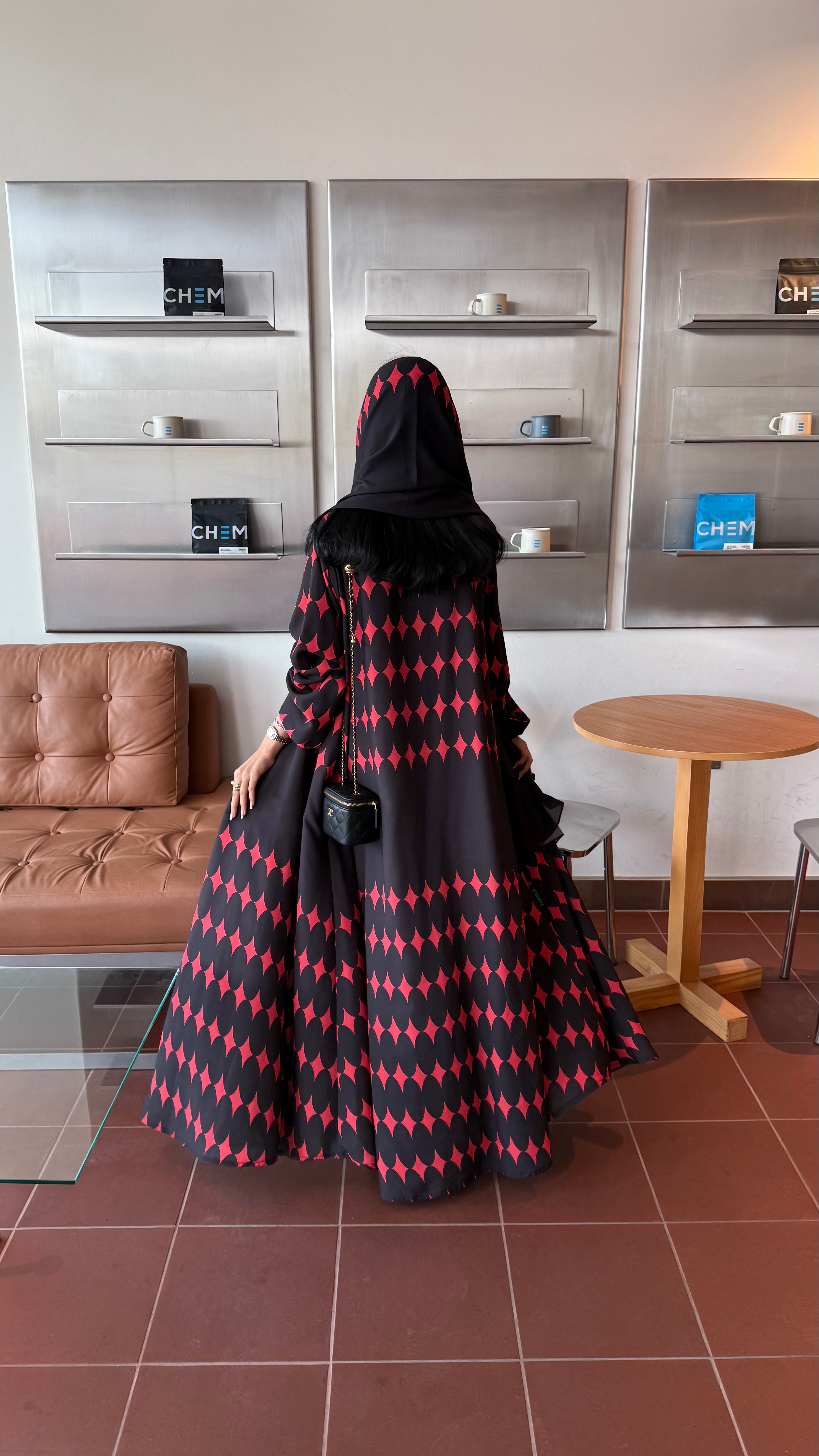 FAB335-Red & Black Diamond Print Straight-Cut Abaya with Matching Headscarf