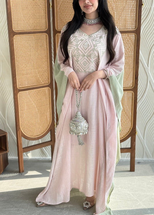 FAB256- Pink and Green Two-sided embroidered Linen butterfly cut jalabiya