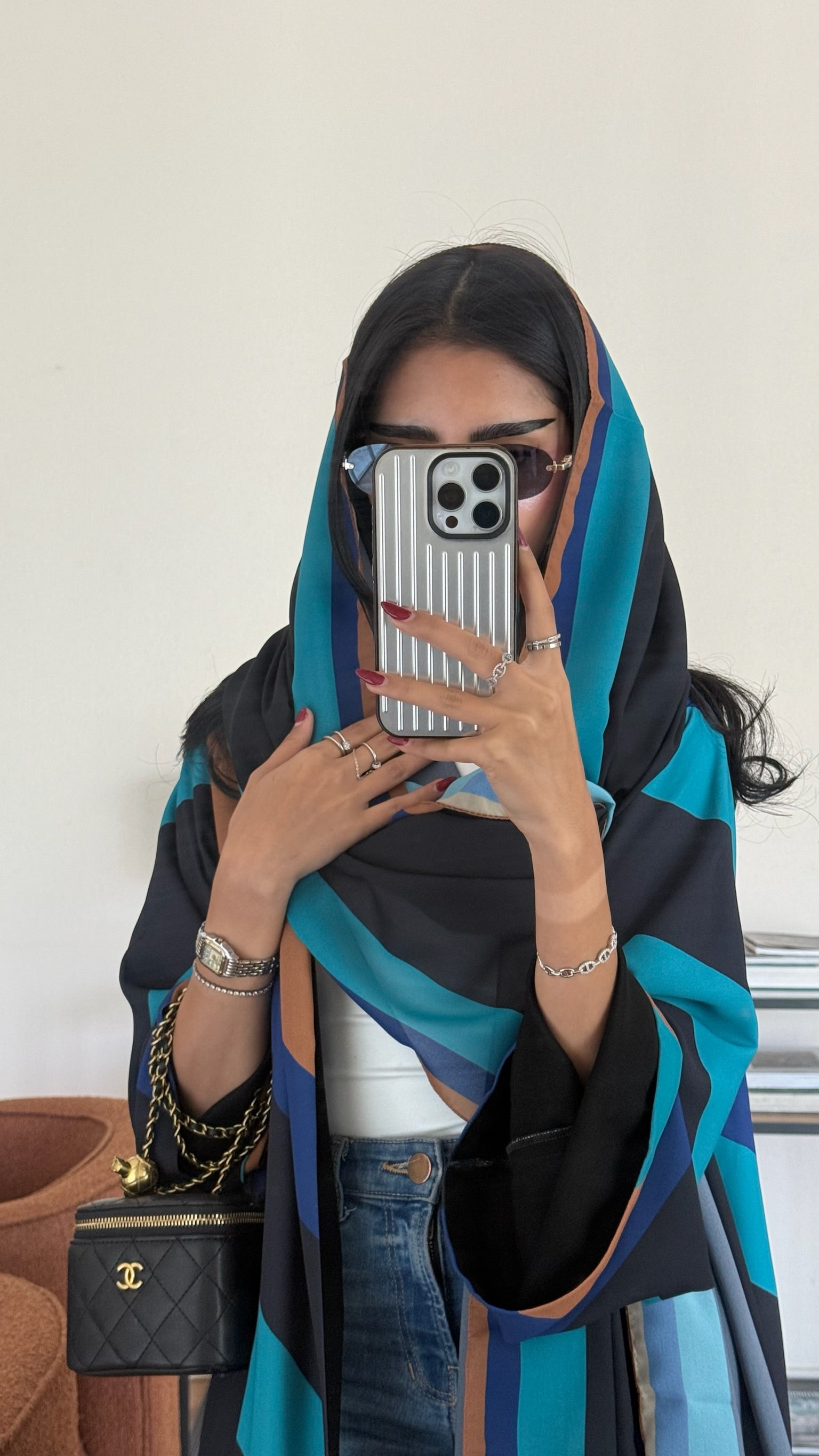 FAB328- Turqoise mustard printed Rainbow straight-cut abaya with matching headscarf