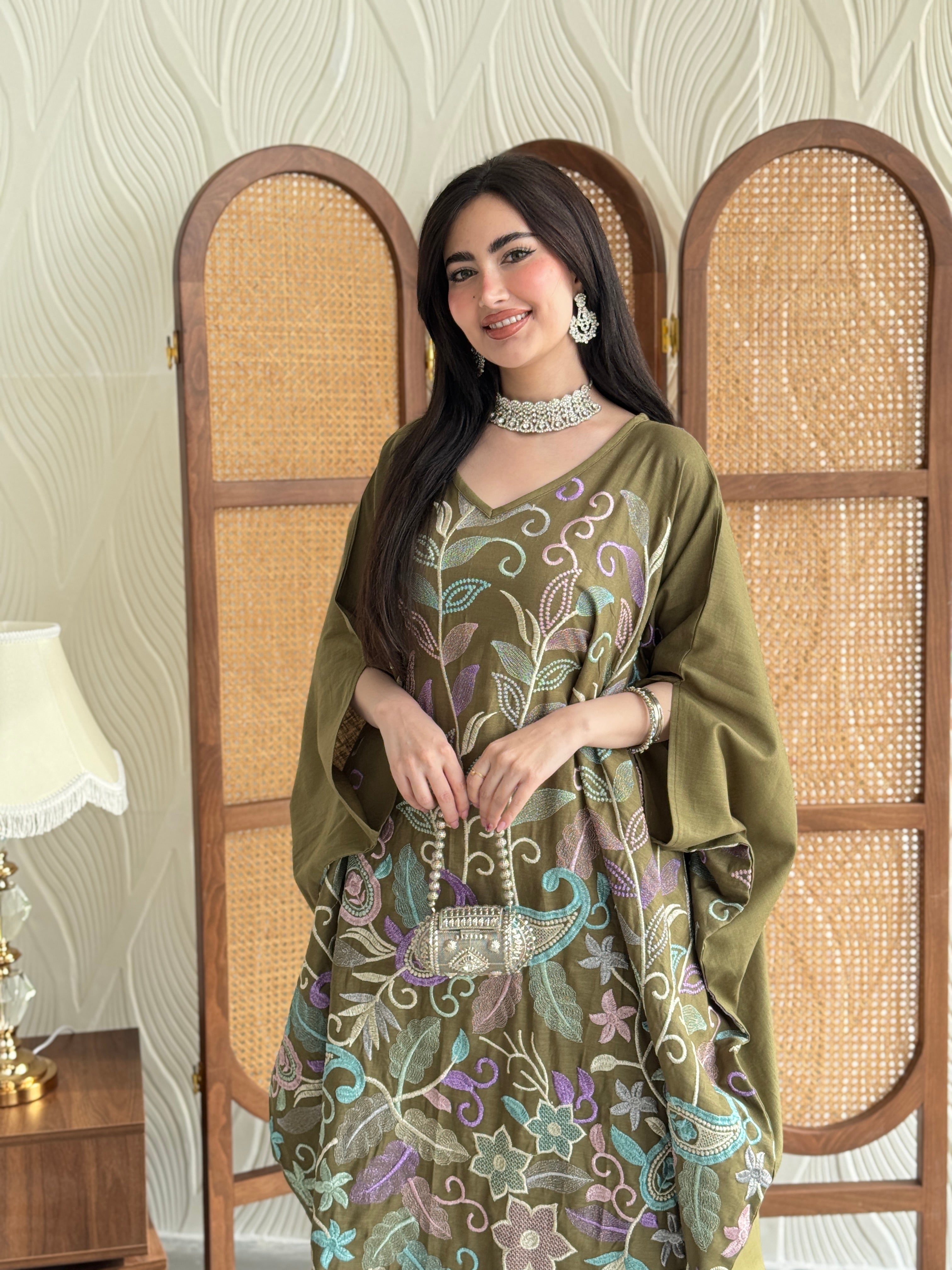 FAB264-Khaki Olive Linen free-size jalabiya with elegant multicolor embroidery