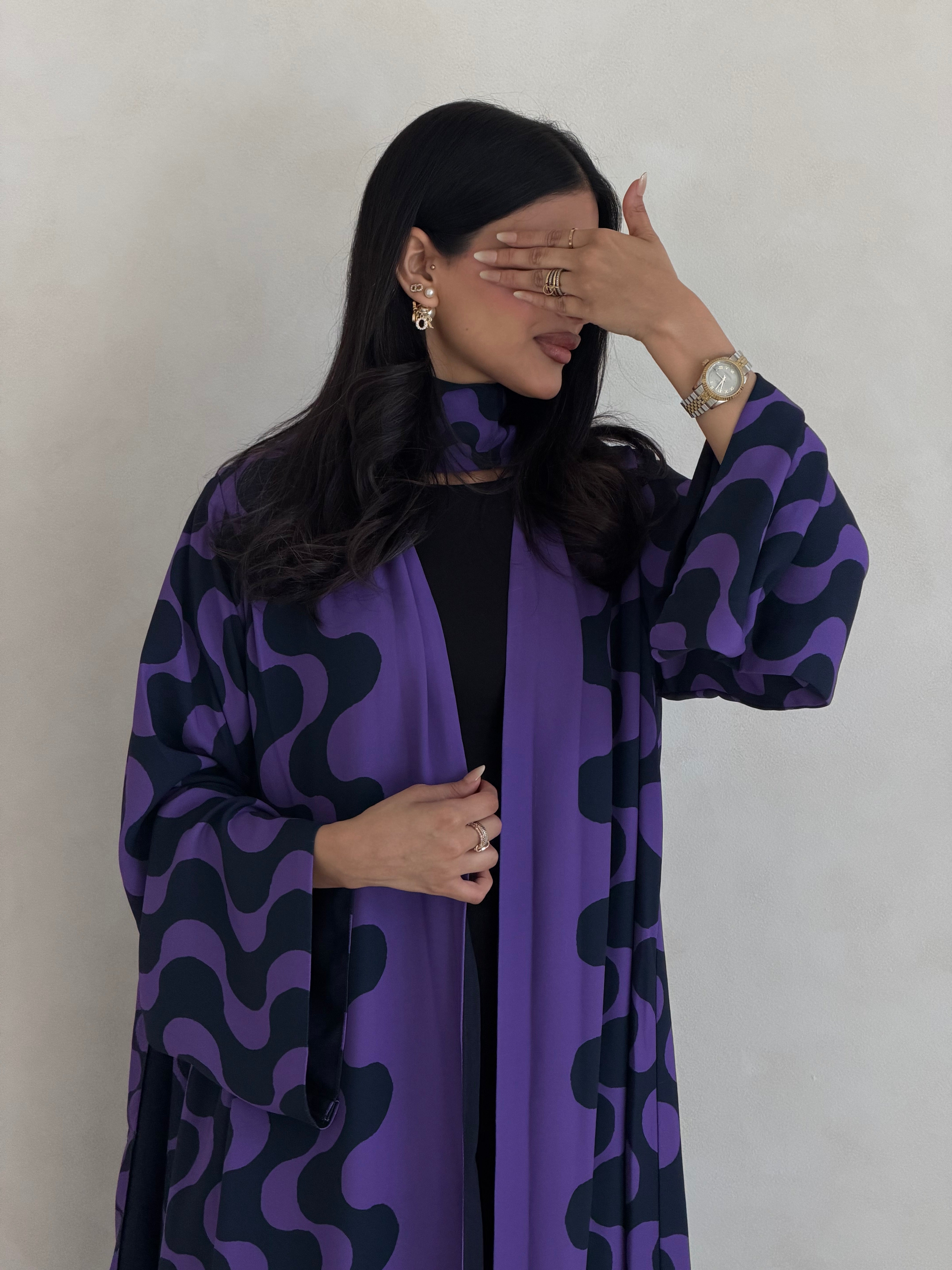 FAB345- Purple Blue Waves Printed Straight-Cut Abaya and matching headscarf