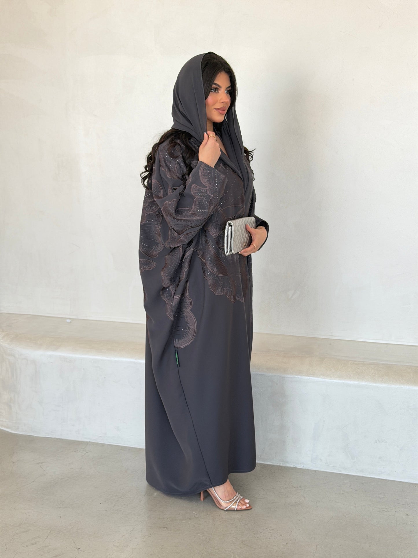 FAB296- Grey Crystal Embroidered Half Bisht Cut Crepe Abaya