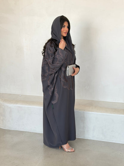 FAB296- Grey Crystal Embroidered Half Bisht Cut Crepe Abaya