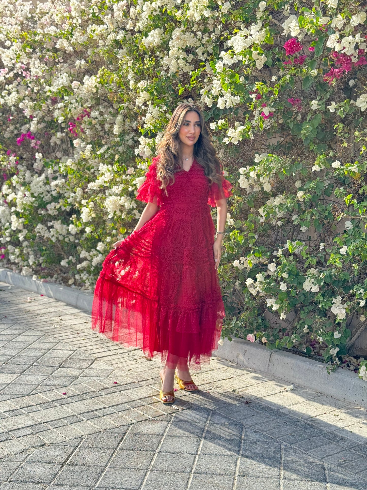 Maroon Tulle Short Sleeve Dress