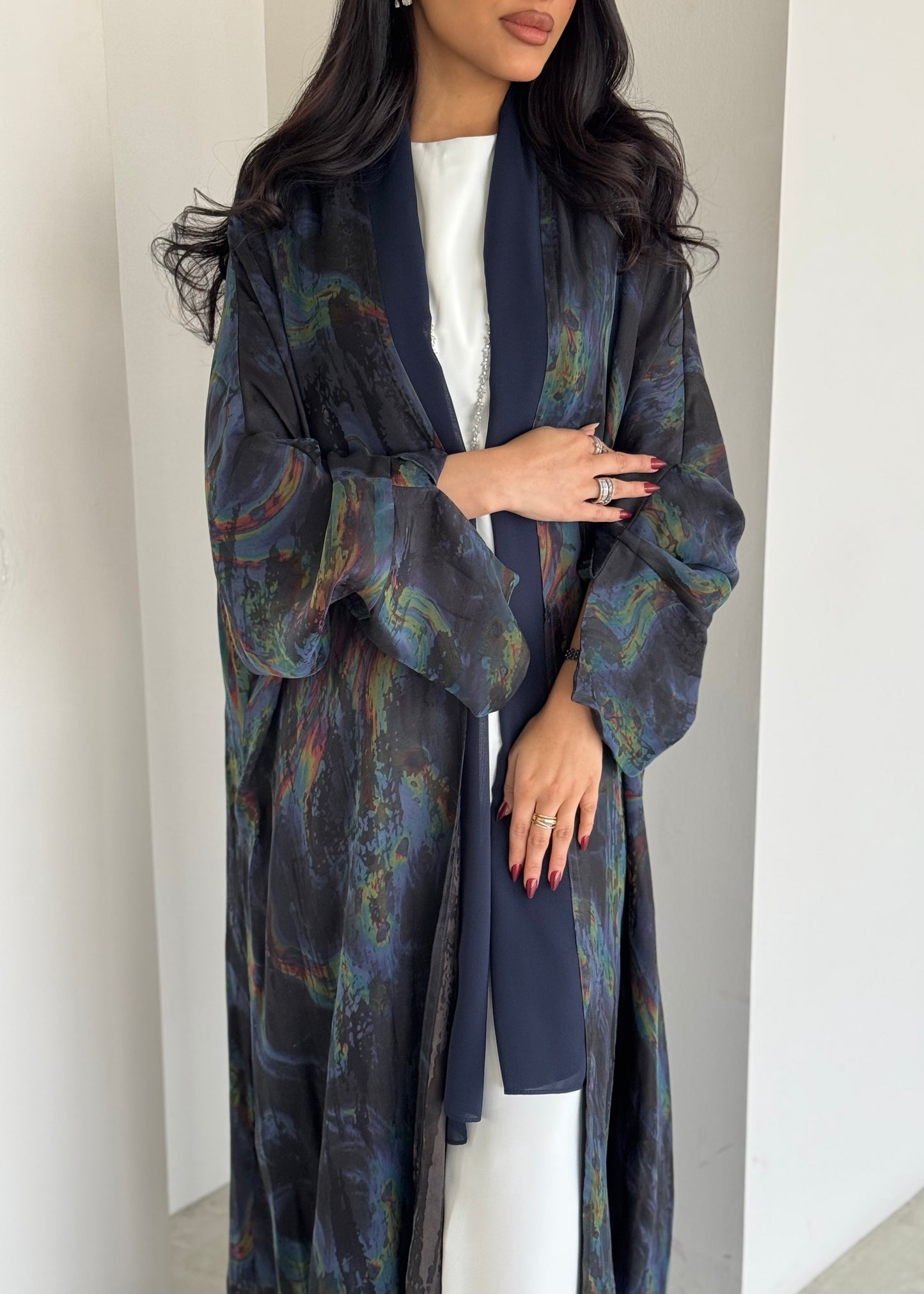FAB155-Rainbow Marble Jacquard A-Cut Abaya
