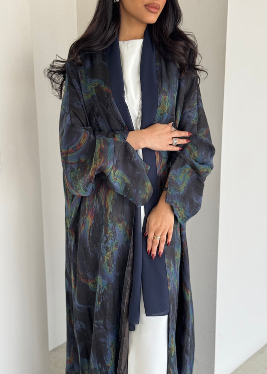 FAB155-Rainbow Marble Jacquard A-Cut Abaya