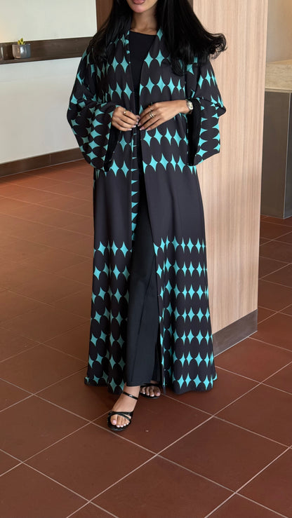 FAB333-Turquoise & Black Diamond Print Straight-Cut Abaya with Matching Headscarf