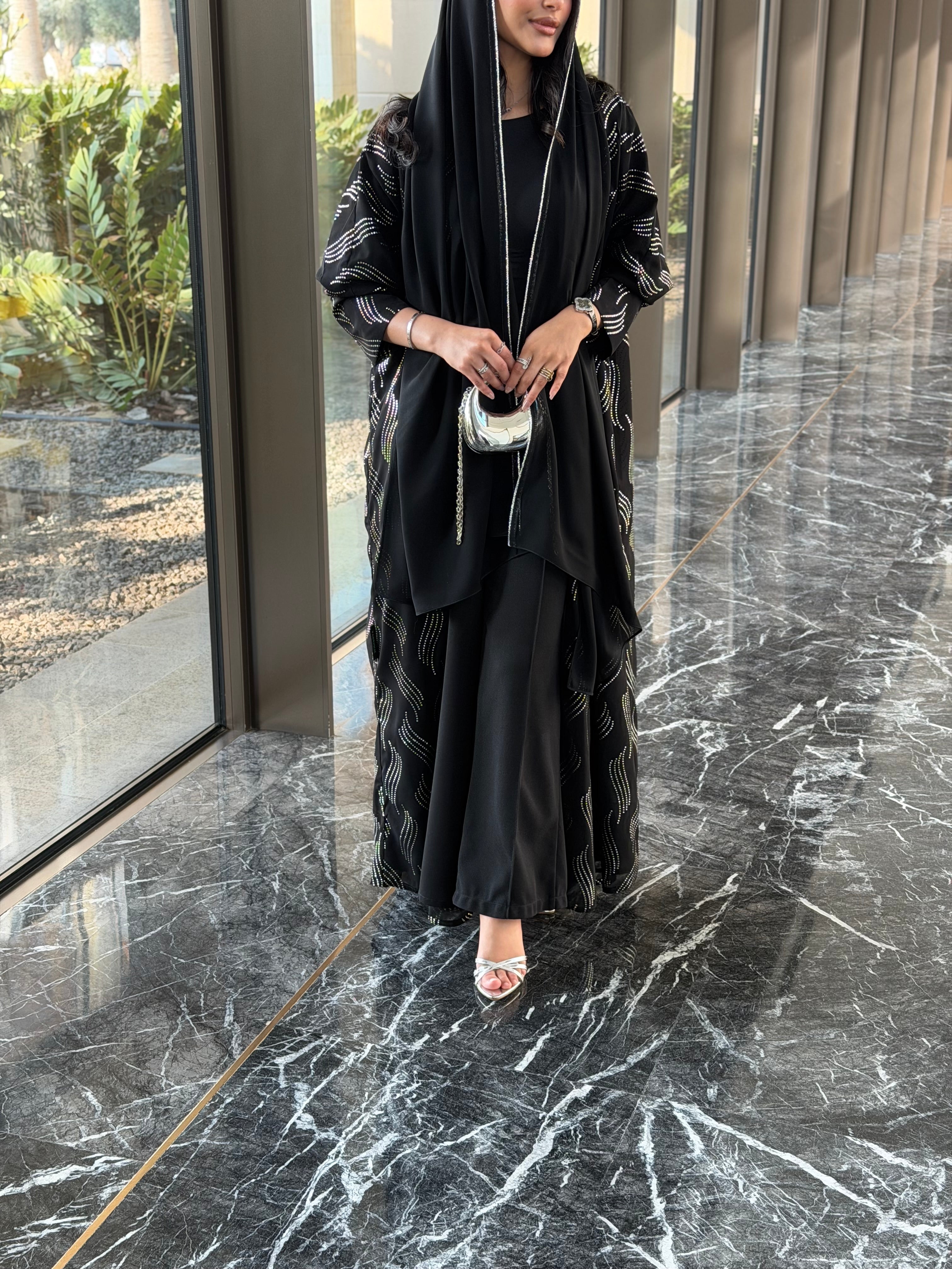 FAB339 – Elegant Black Chiffon Abaya with Silver Naqda Embroidery, Half-Bisht Cut & Matching Headscarf