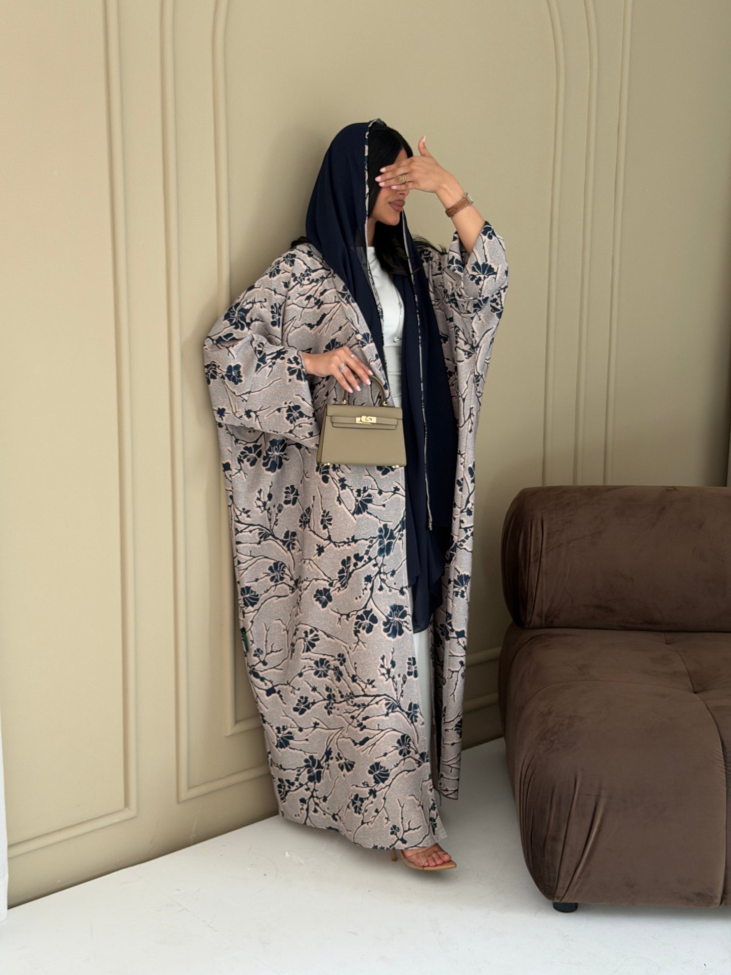 FAB285- Beige Floral Print Half Bisbt Abaya with pipping headscarf