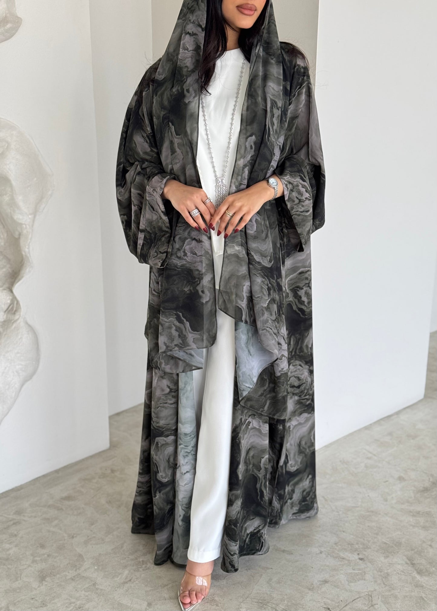 FAB160-Grey Black tie-dye Abaya with matching headscarf set