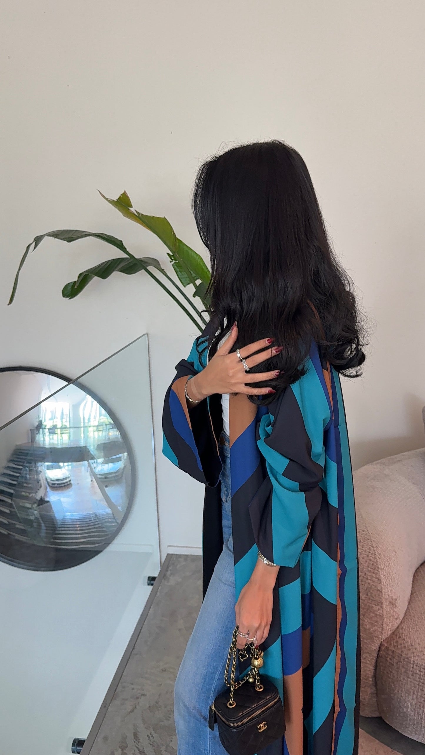 FAB328- Turqoise mustard printed Rainbow straight-cut abaya with matching headscarf