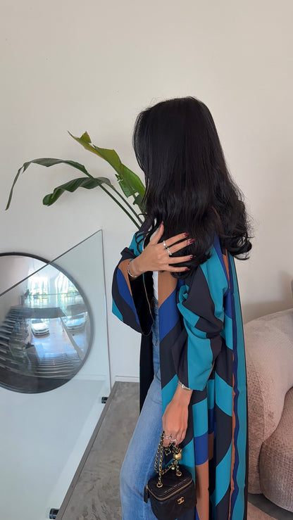 FAB328- Turqoise mustard printed Rainbow straight-cut abaya with matching headscarf