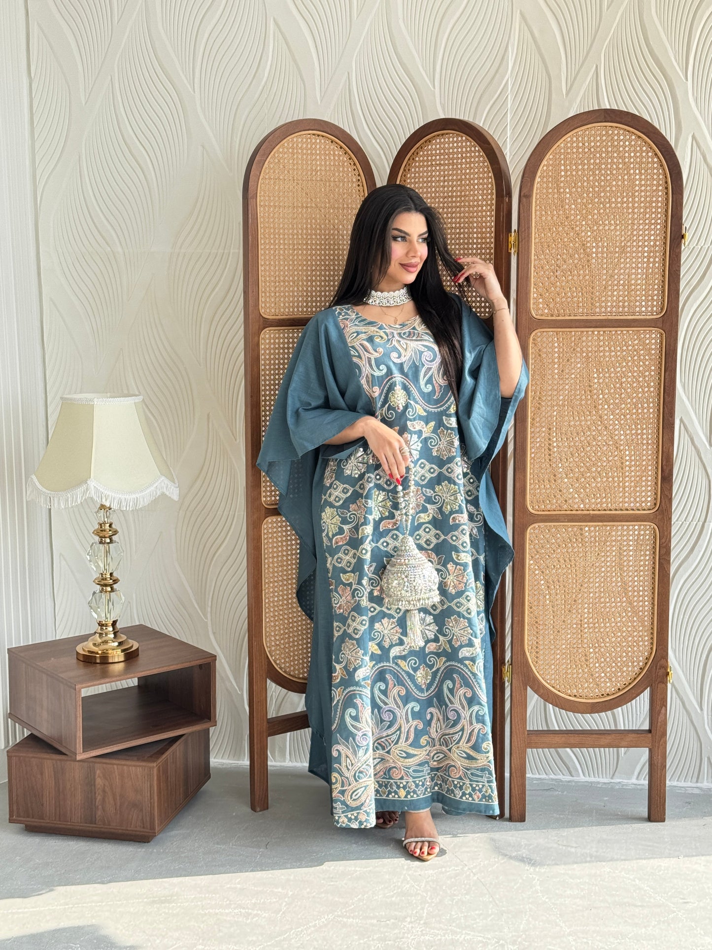 FAB267- Teal Blue Elegant linen jalabiya with multicolor embroidery and a flowing cape cut