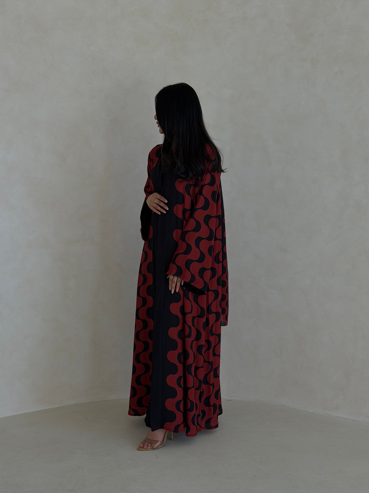 FAB345- Orange Red and Black Waves Printed Straight-Cut Abaya and matching headscarf