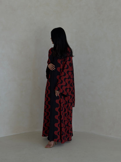 FAB345- Orange Red and Black Waves Printed Straight-Cut Abaya and matching headscarf