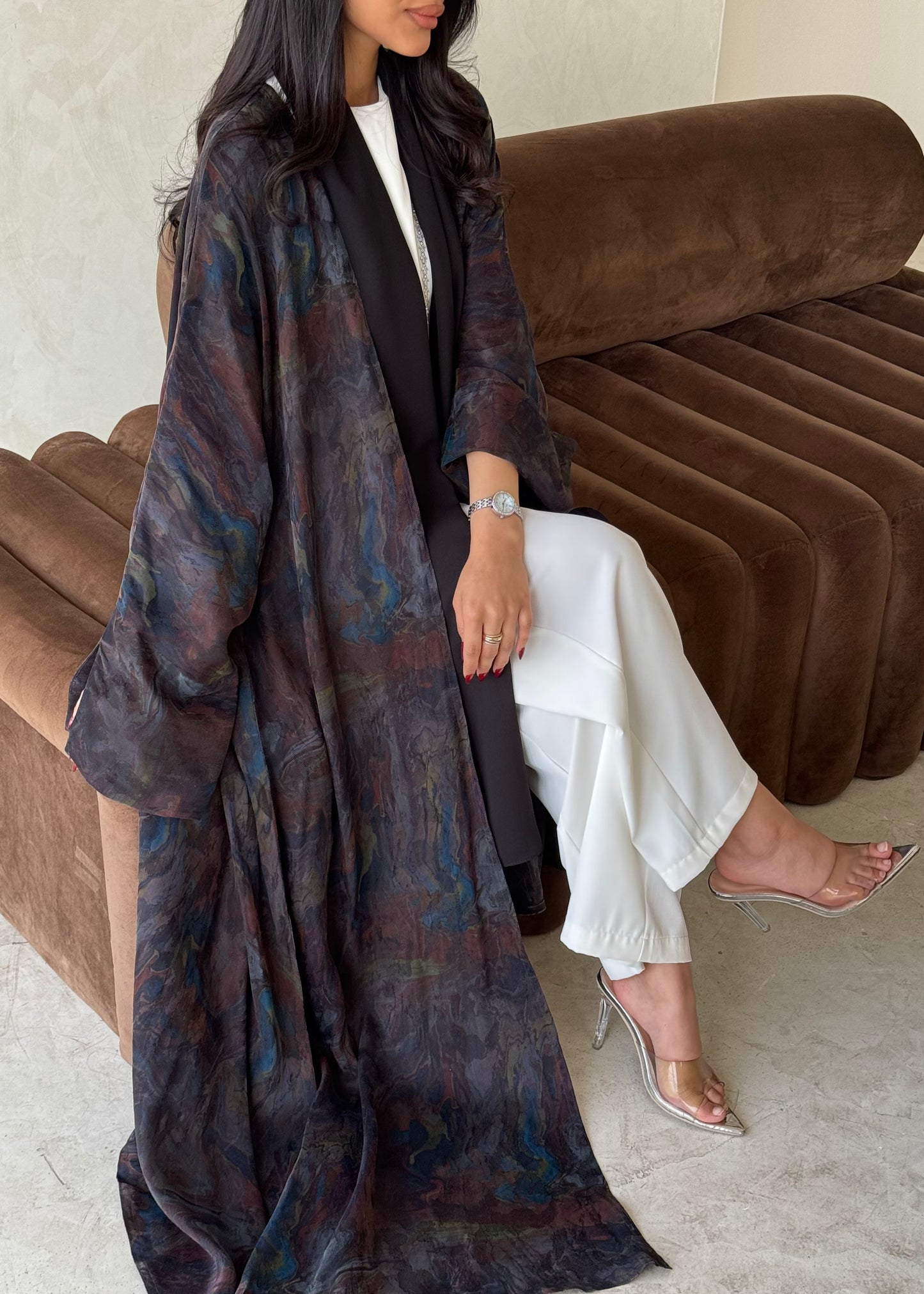 FAB157-Smoky Brown Jacquard A-Cut Abaya