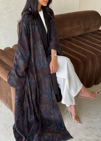 FAB157-Smoky Brown Jacquard A-Cut Abaya