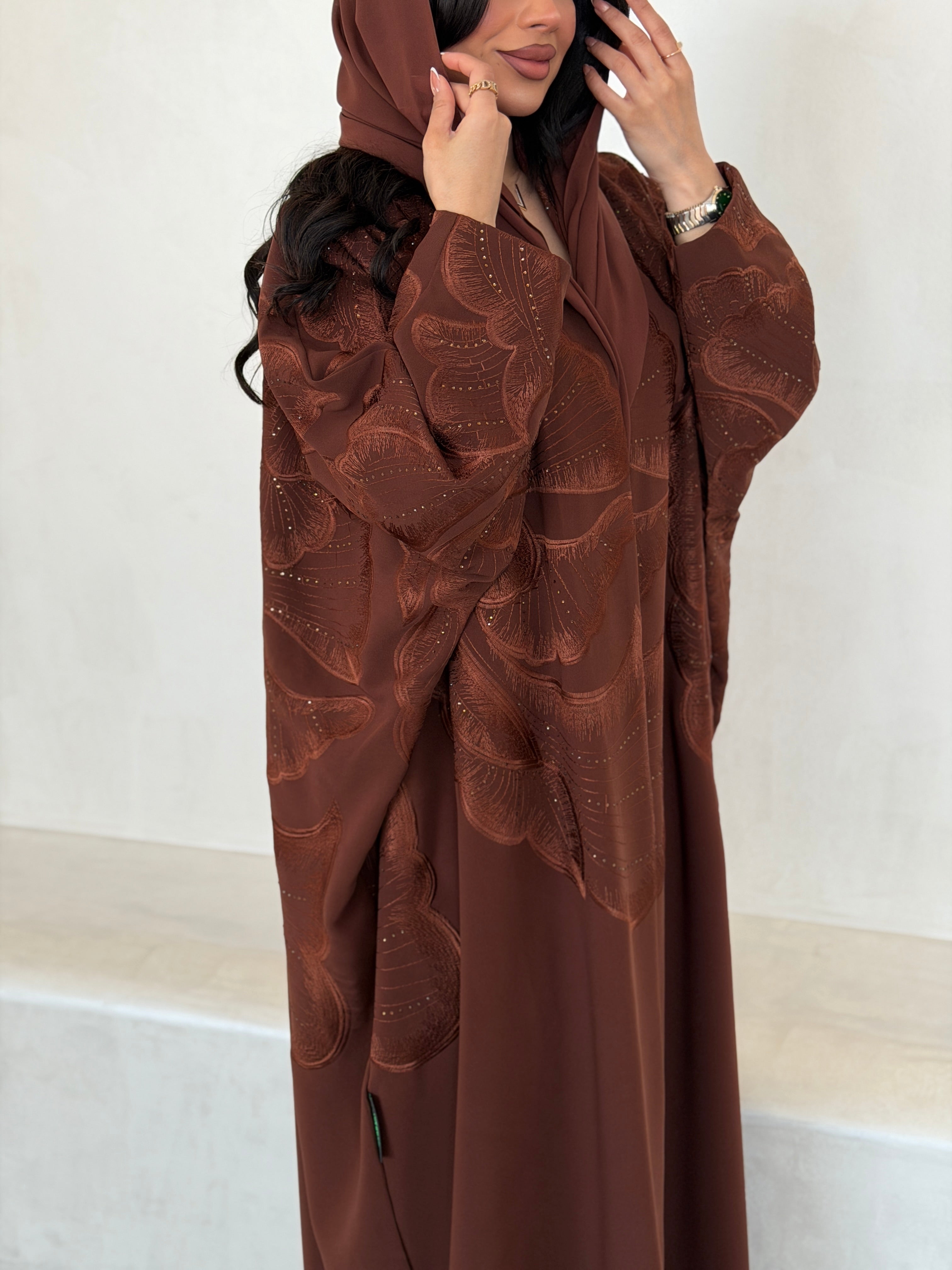 FAB295- Orange Crystal Embroidered Half Bisht Cut Crepe Abaya