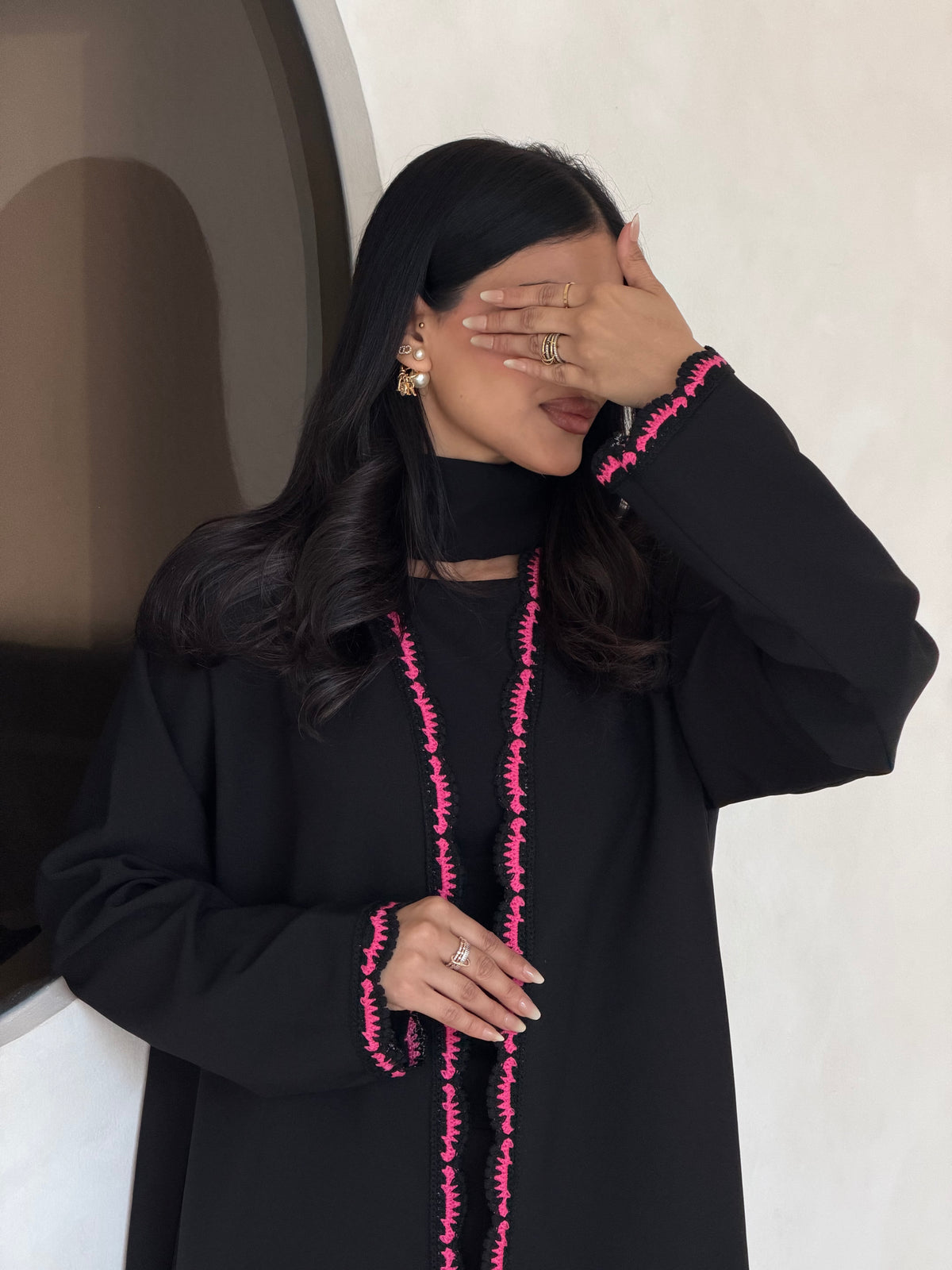FAB346- Pink Crochet Black Crepe Klosh-Cut Abaya with Headscarf
