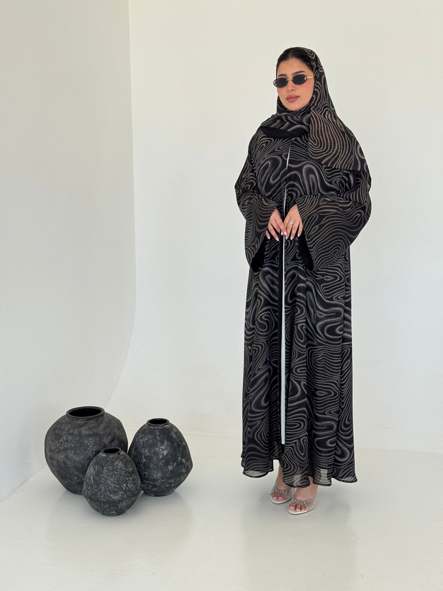FAB221- Black Swirl with Gold Shimmer Chiffon Abaya Set