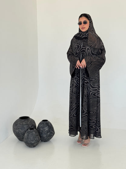 FAB221- Black Swirl with Gold Shimmer Chiffon Abaya Set