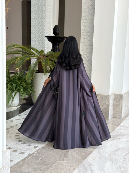 FAB332-Grey Basic Light Stripped Printed Klosh Abaya Set
