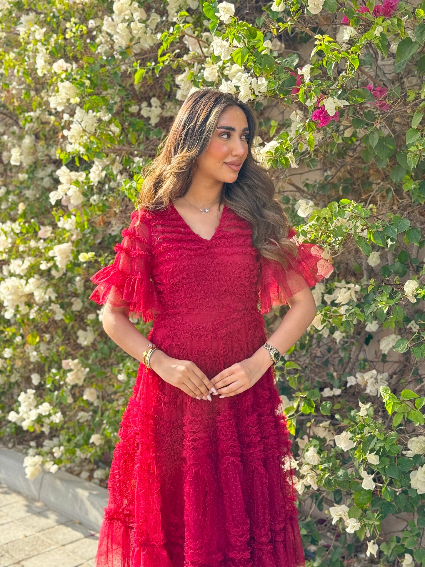 Maroon Tulle Short Sleeve Dress