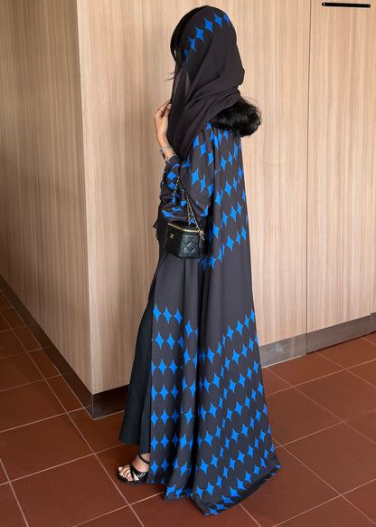 FAB336-Blue & Black Diamond Print Straight-Cut Abaya with Matching Headscarf