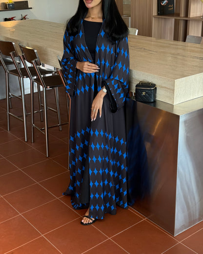 FAB336-Blue & Black Diamond Print Straight-Cut Abaya with Matching Headscarf