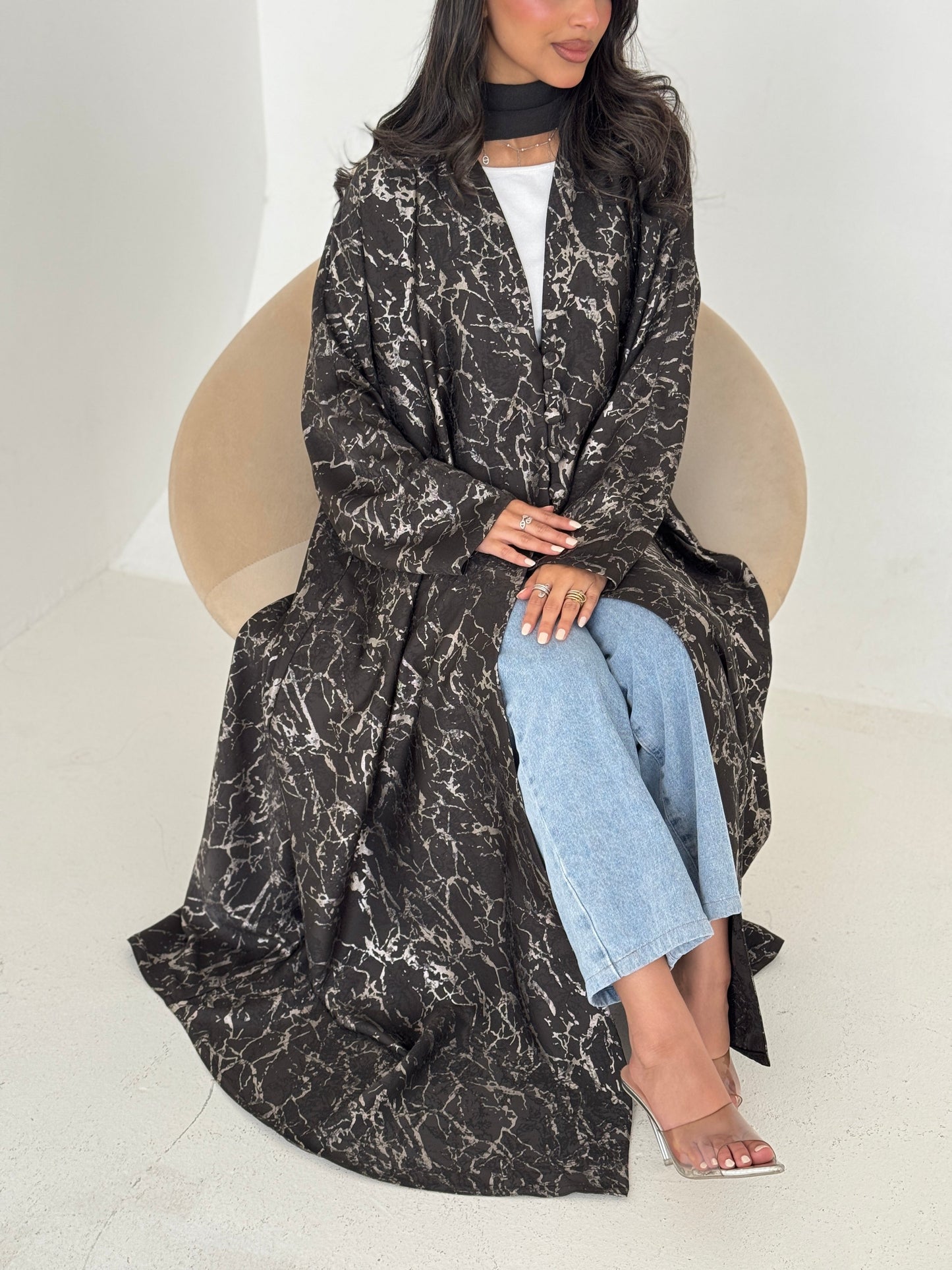 FAB208-Elegant Olive Grey Metallic Crepe Silk A-Cut Abaya with headscarf