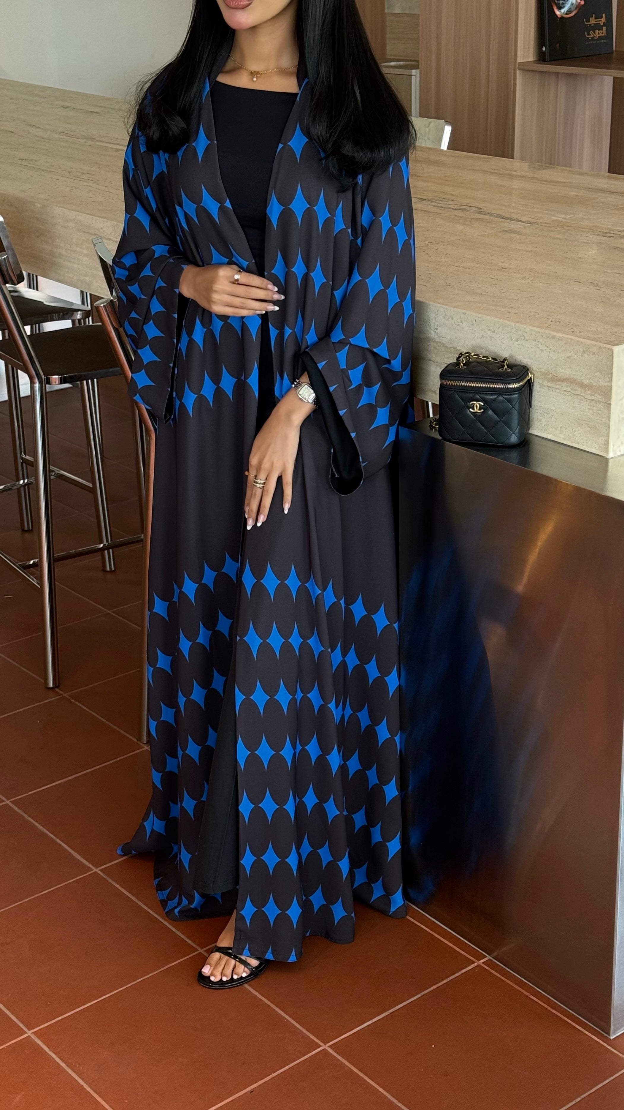 FAB336-Blue & Black Diamond Print Straight-Cut Abaya with Matching Headscarf