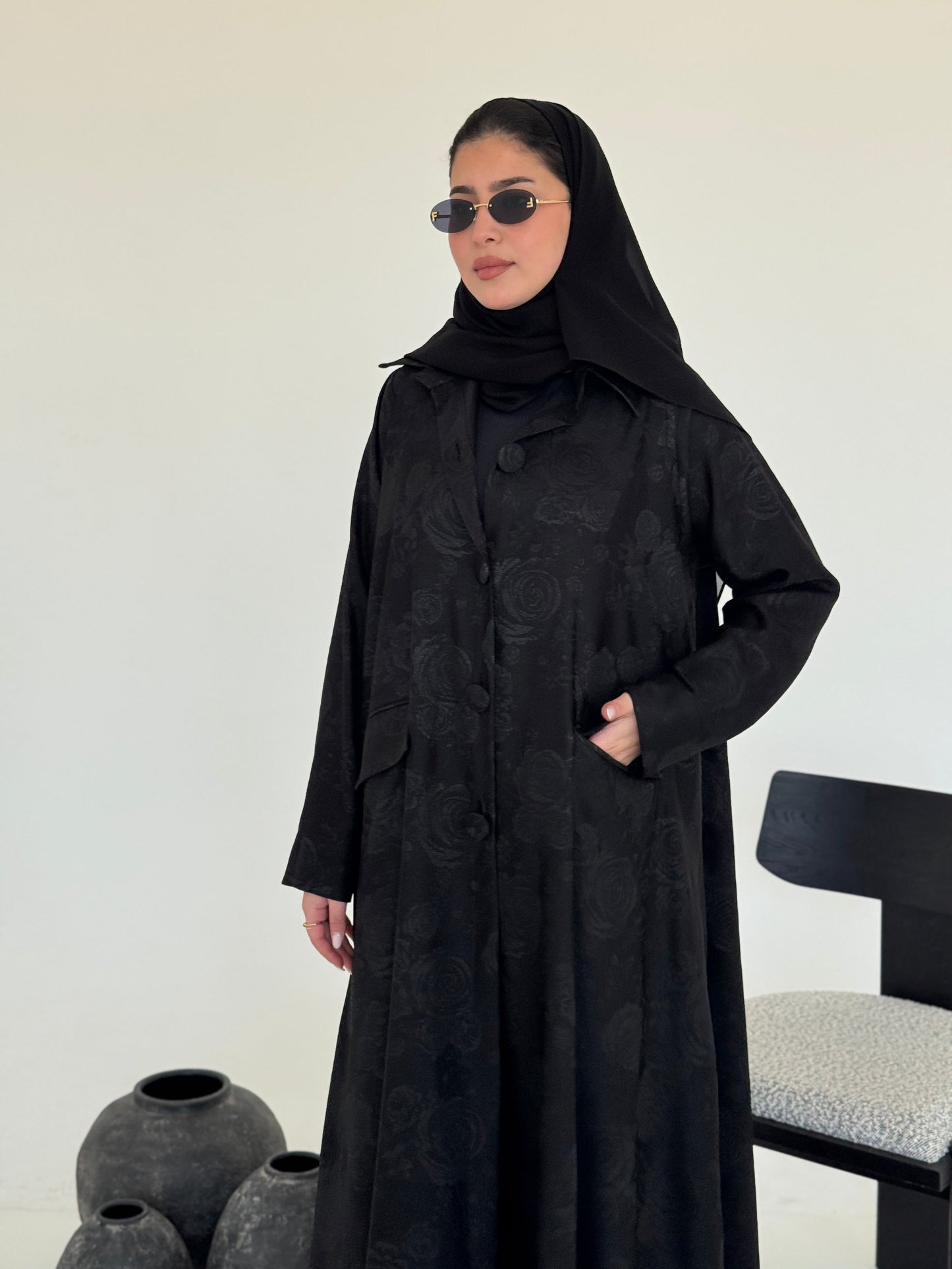 FAB238- Black Floral Silk Jacquard Blazer A-Cut Abaya