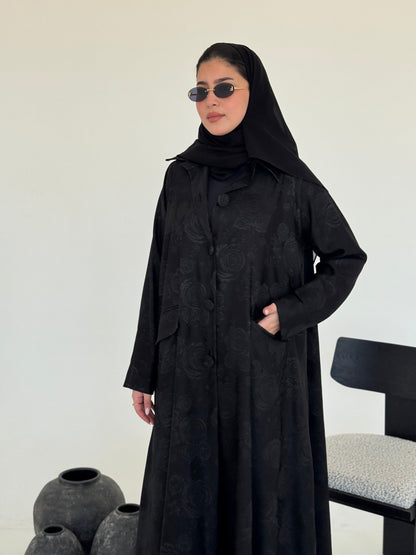 FAB238- Black Floral Silk Jacquard Blazer A-Cut Abaya