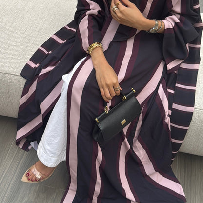 FAB304- Black/Maroon Striped Print Chiffon Silk A-Cut Abaya Set