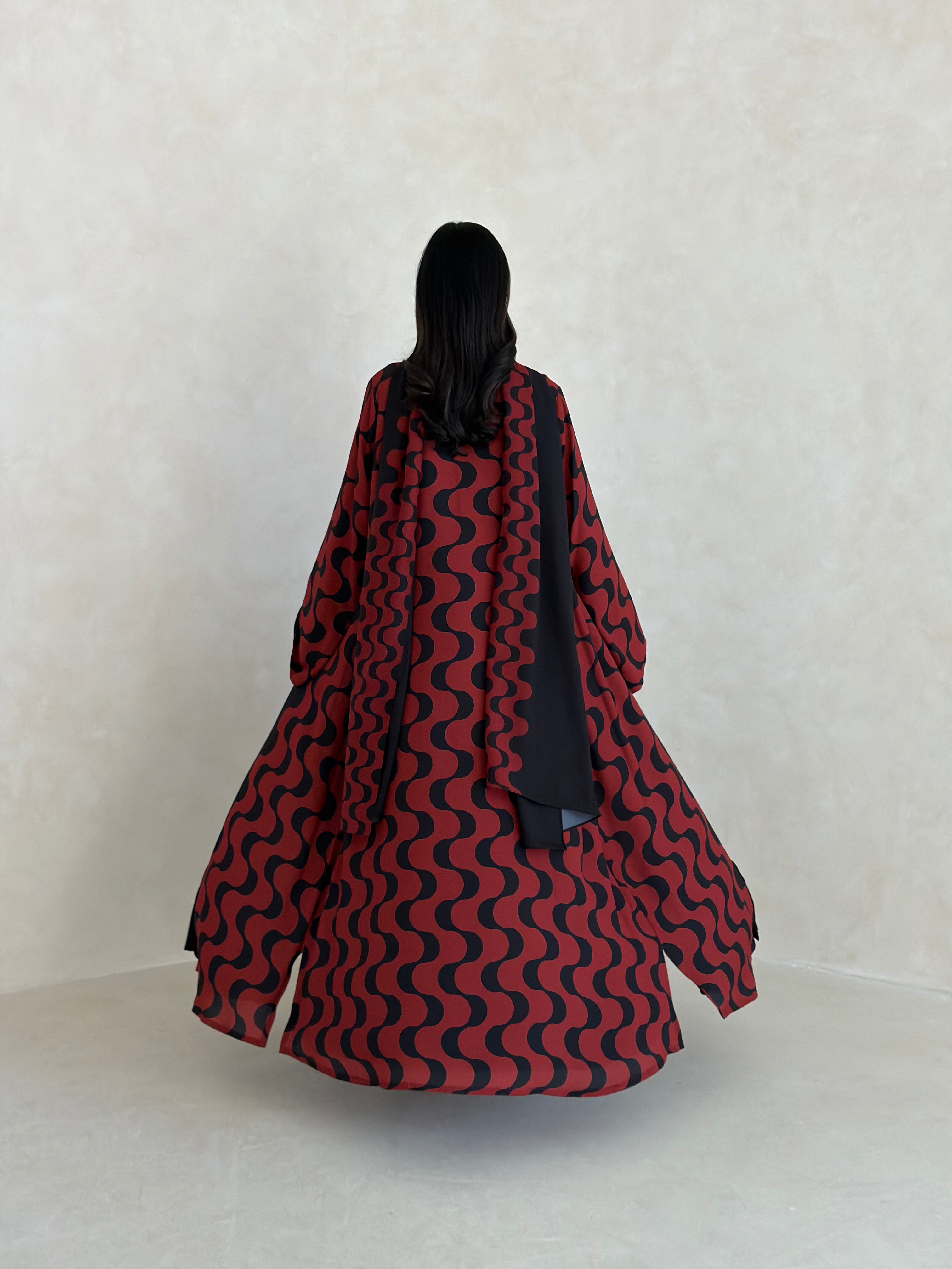 FAB345- Orange Red and Black Waves Printed Straight-Cut Abaya and matching headscarf