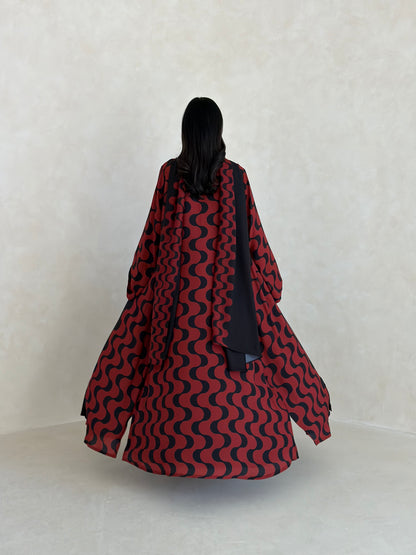 FAB345- Orange Red and Black Waves Printed Straight-Cut Abaya and matching headscarf