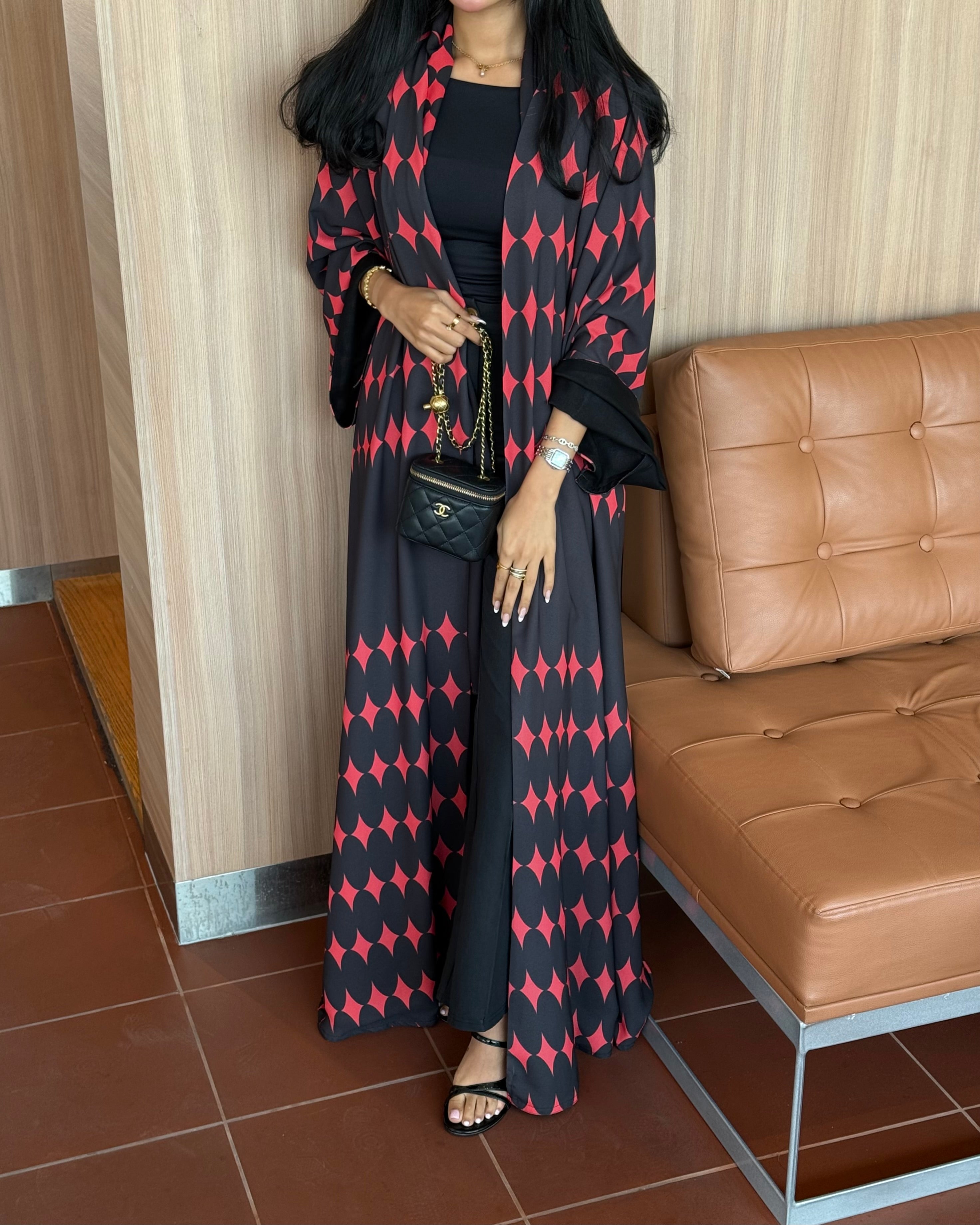 FAB335-Red & Black Diamond Print Straight-Cut Abaya with Matching Headscarf