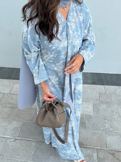 FAB301- White and Blue Lace and Linen Summer A-Cut Abaya