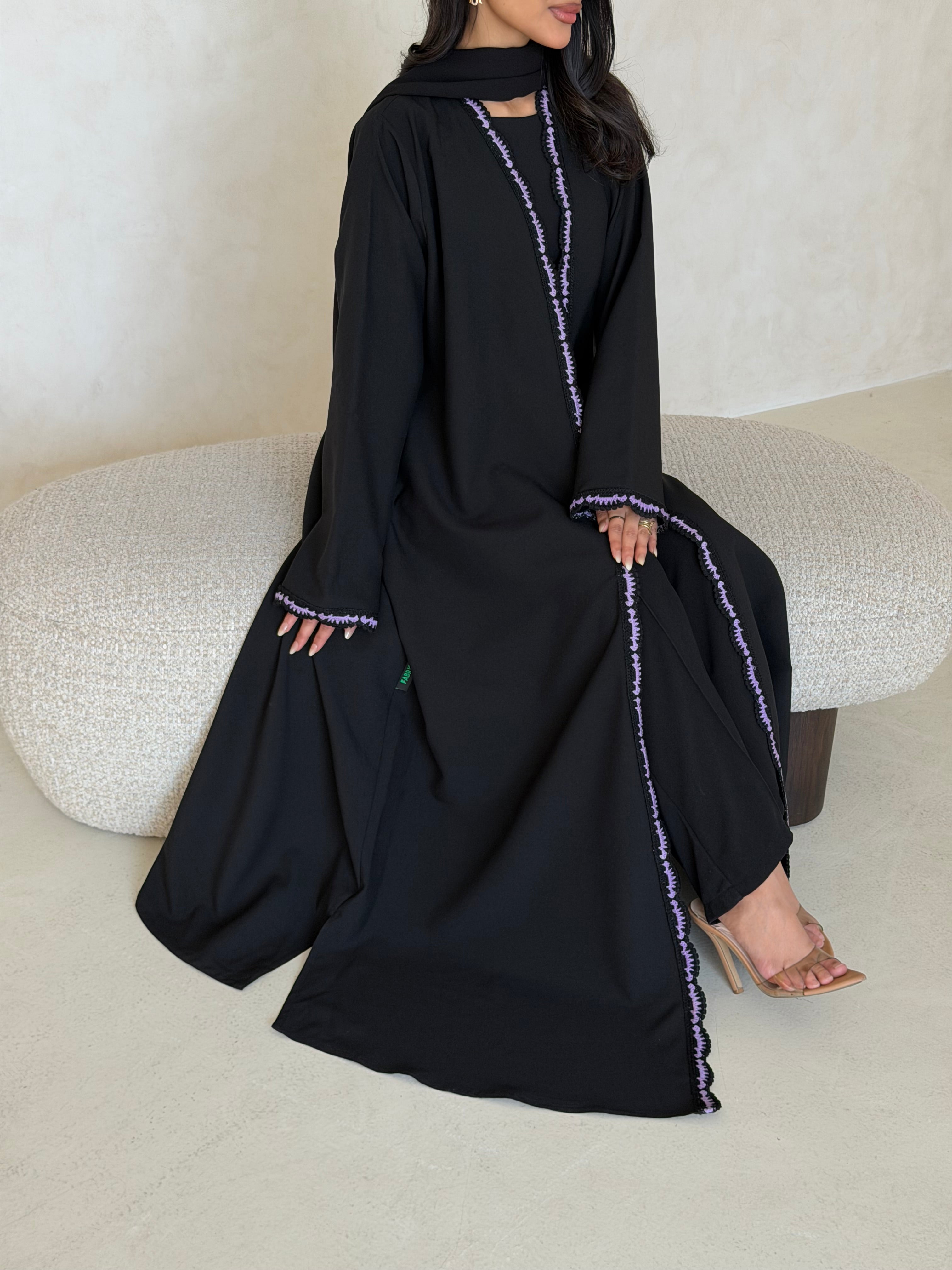 FAB348- Purple Crochet Black Crepe Klosh-Cut Abaya with Headscarf
