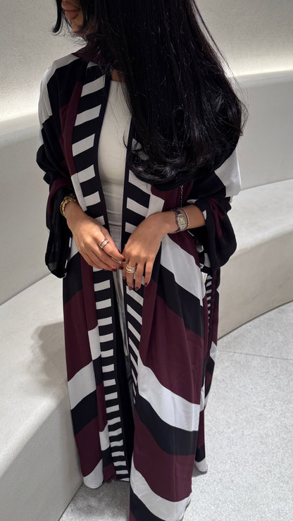 FAB302-Maroon & Black Printed Chiffon Silk A-Cut Abaya Set