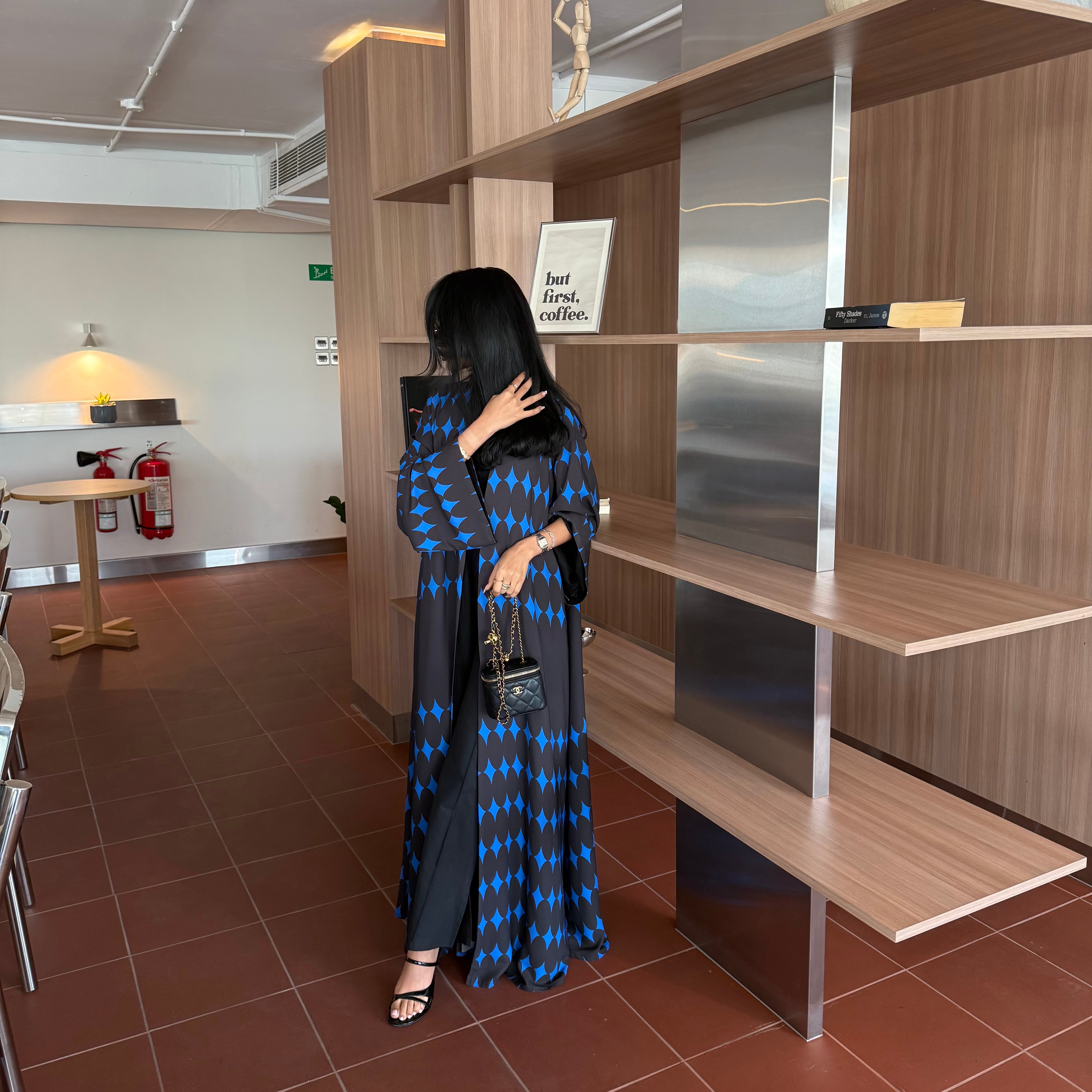 FAB336-Blue & Black Diamond Print Straight-Cut Abaya with Matching Headscarf
