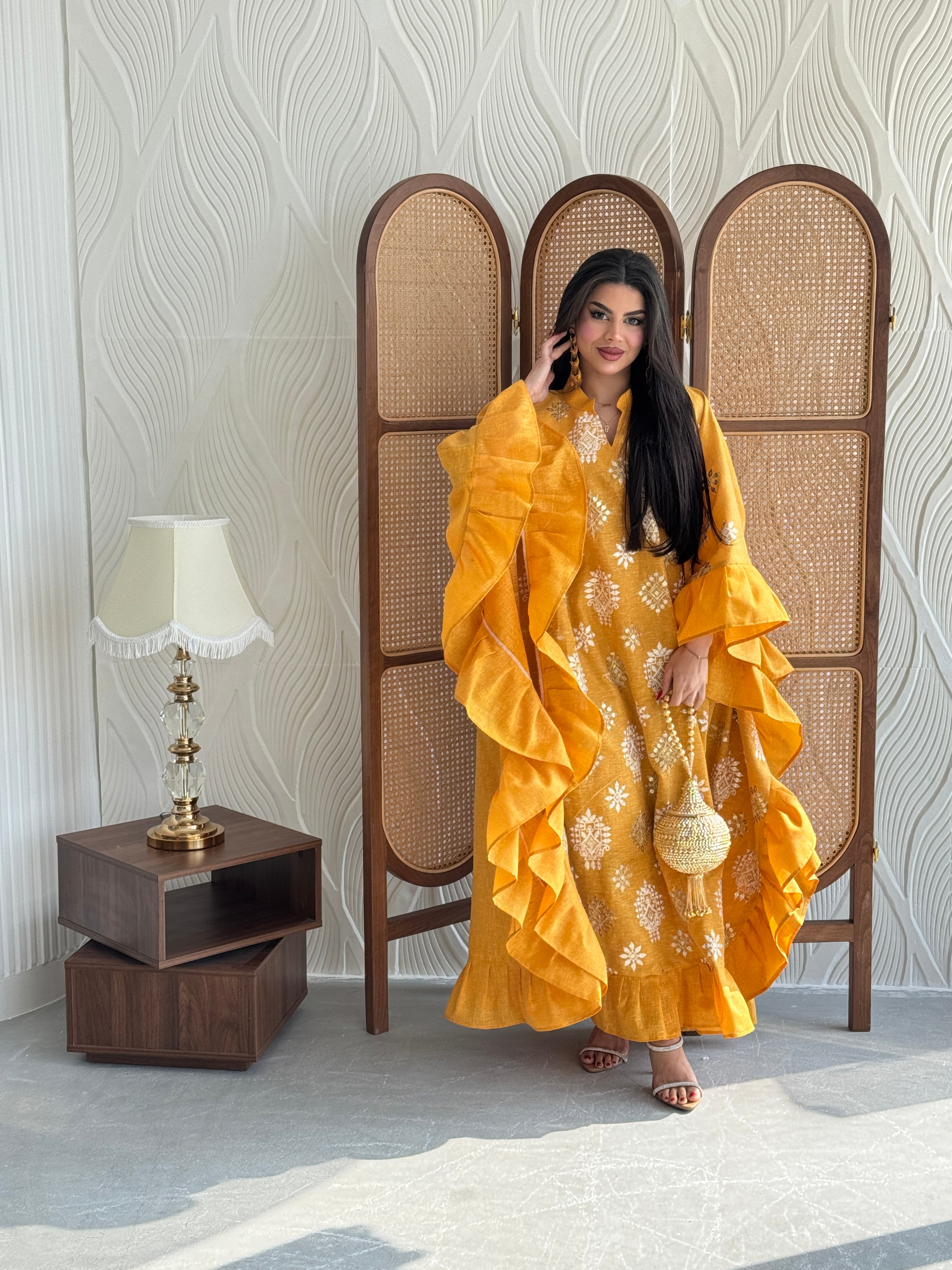 FAB274-Mustard Yellow Linen Embroidered Butterfly-Cut Jalabiya with Ruffled Sleeves