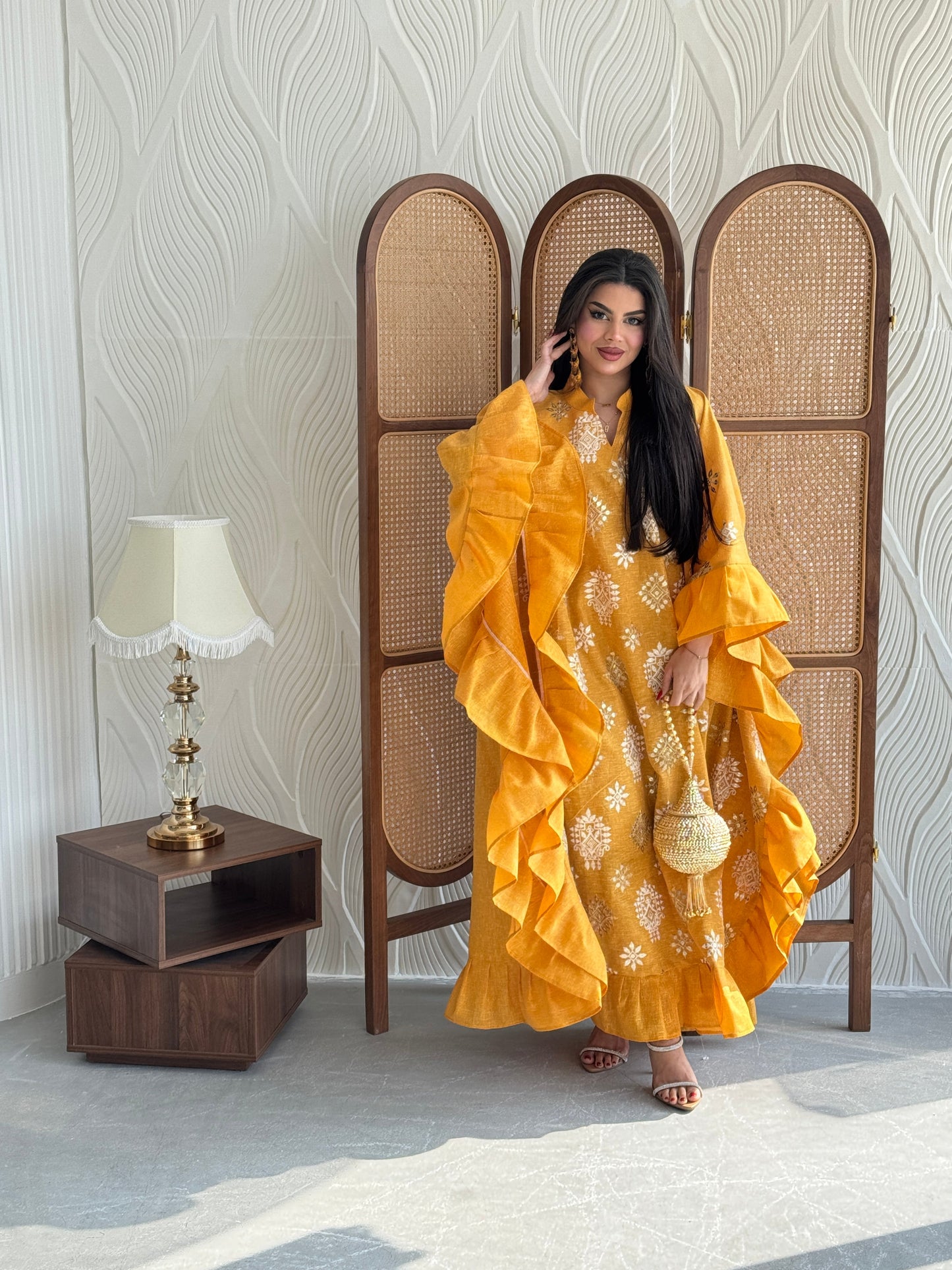 FAB274-Mustard Yellow Linen Embroidered Butterfly-Cut Jalabiya with Ruffled Sleeves