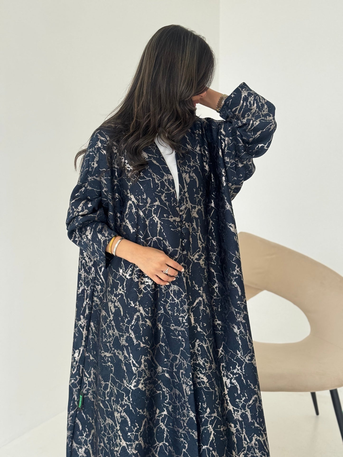 FAB207-Elegant Navy Blue Metallic Crepe Silk A-Cut Abaya with headscarf