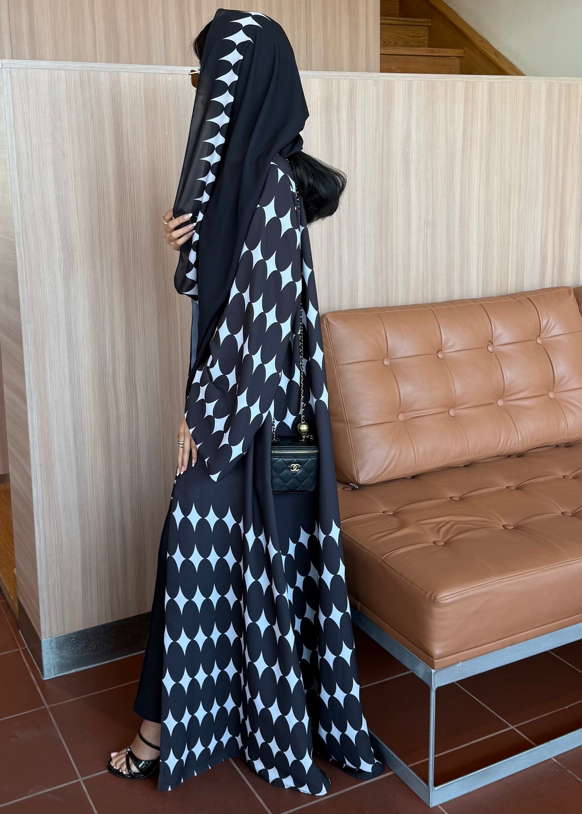 FAB334-White & Black Diamond Print Straight-Cut Abaya with Matching Headscarf