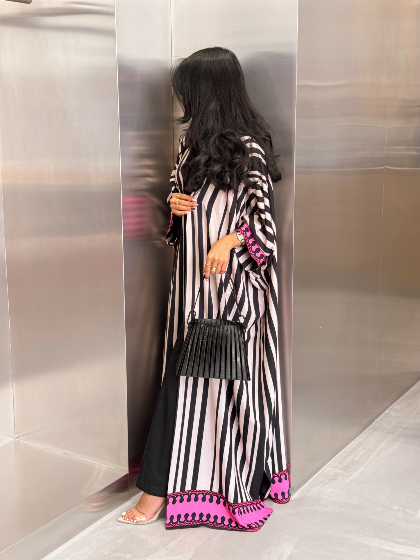 FAB320-Fuchia Black & Light Beige Striped Half Bisht-Cut Abaya with Neon border print