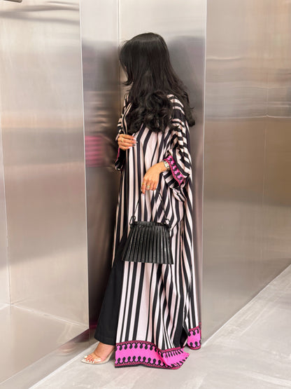 FAB320-Fuchia Black & Light Beige Striped Half Bisht-Cut Abaya with Neon border print