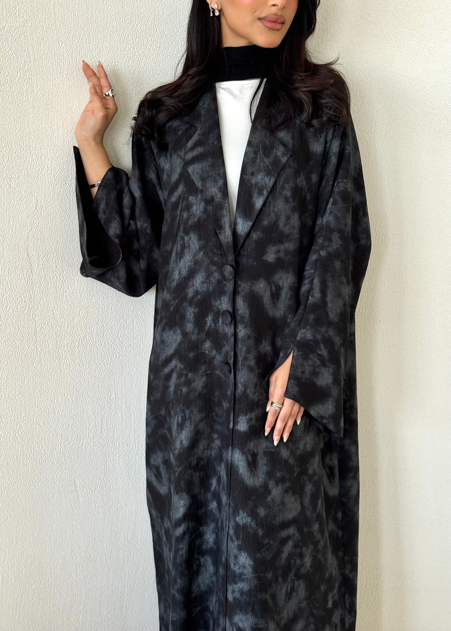 FAB178- Black Silver Tie-dye Blazer Cut Abaya