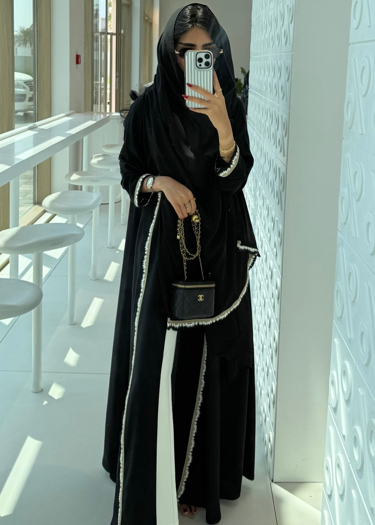 FAB326- Beige Black Crochet Crepe A-Cut Abaya with matching headscarf