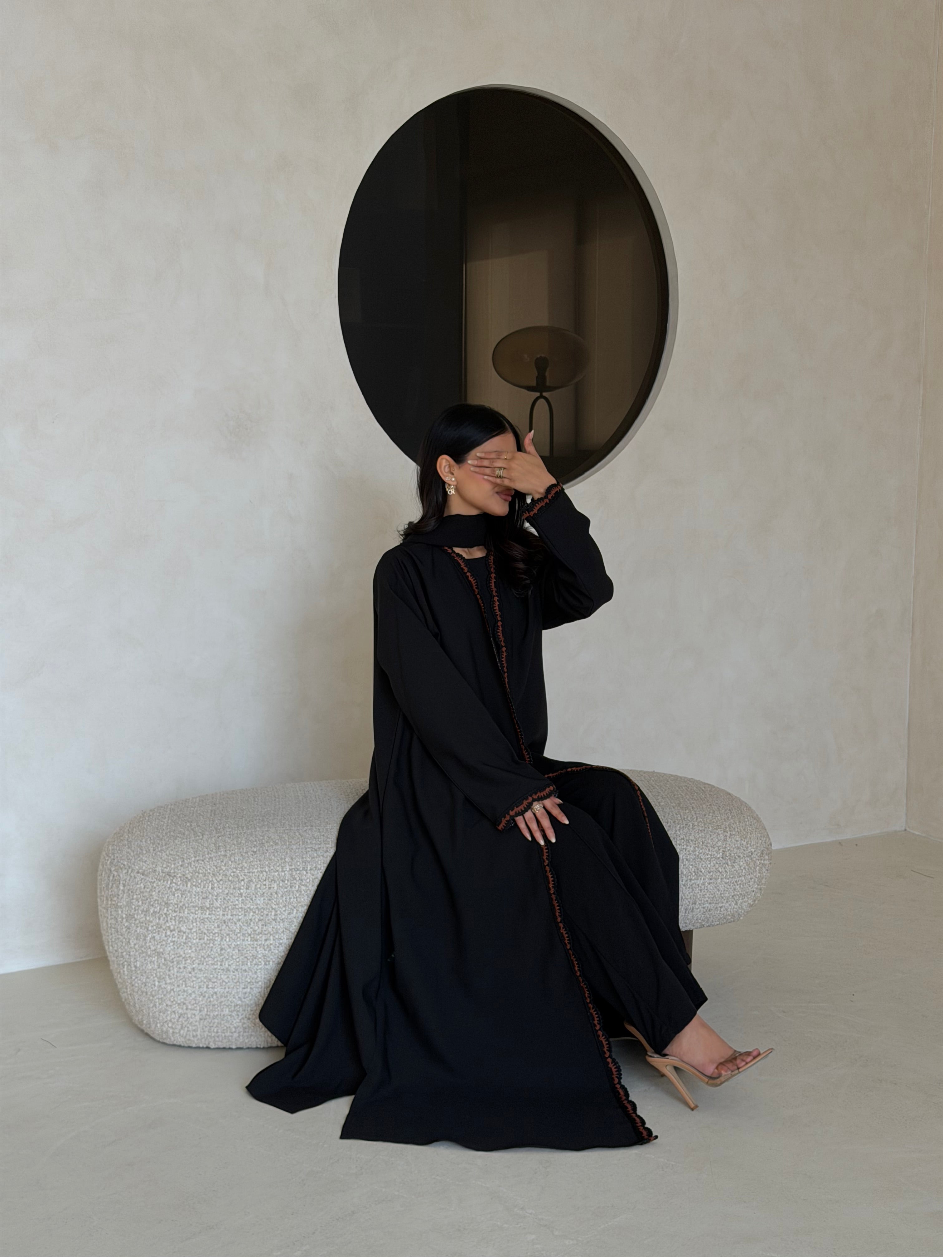 FAB349- Brown Crochet Black Crepe Klosh-Cut Abaya with Headscarf